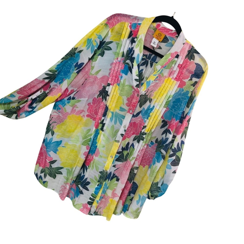 Ruby Rd Floral Pintuck Blouse Pastels Roll Tab Womens 2X Fairy Feminine Beachy